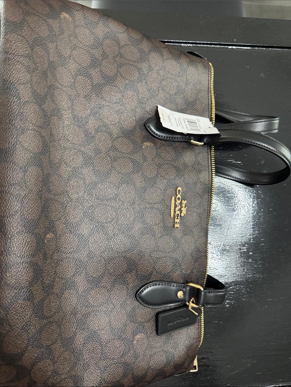 COACH Brown Signature Canvas Tote with Black Trim